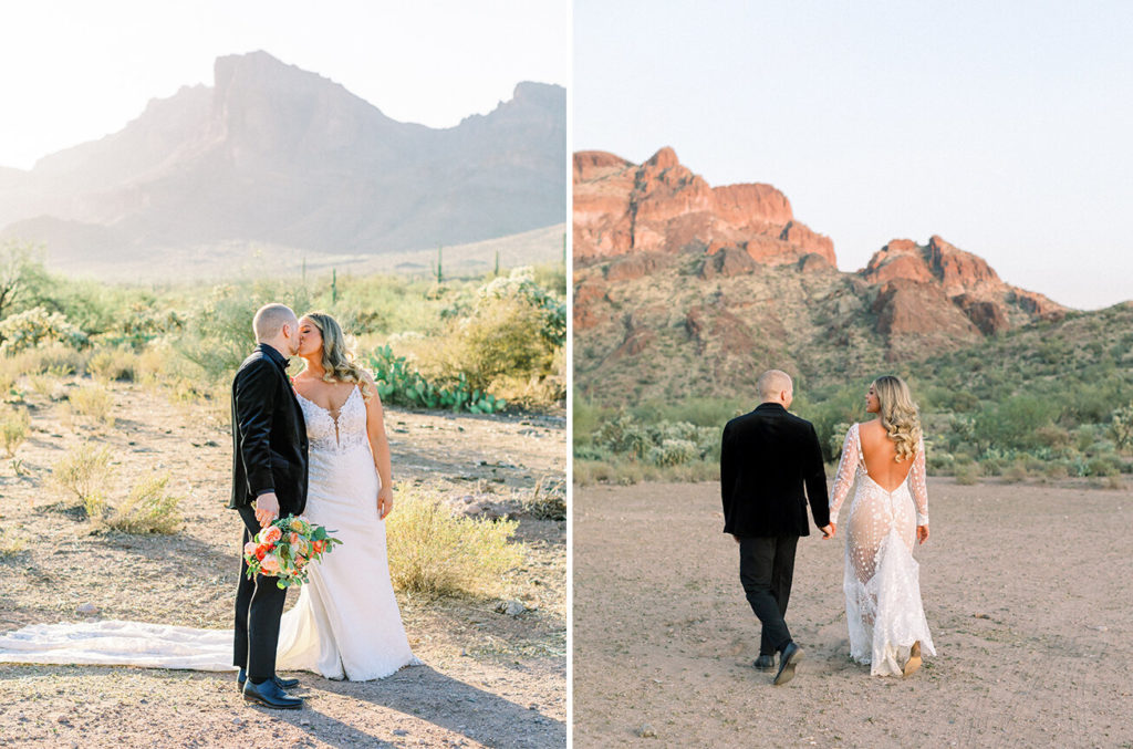 two images of a bride and groom walking together in the desert